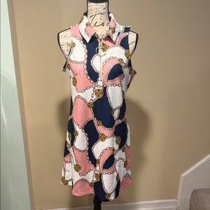 Chain Print Sleeveless Dress - Pink, Navy, and White